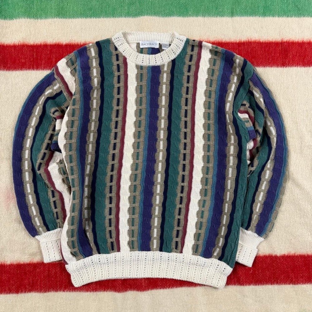 Vintage 90s Bachrach 3D Knit Cotton Textured Sweater Mens Large Multi Color